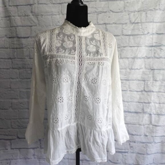 ZARA Broderie Anglaise and Lace XS White Top Embroidered 100% Cotton blouse - Picture 2 of 15